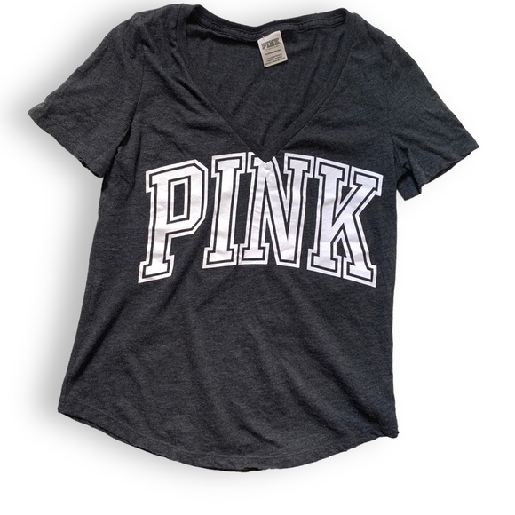 Victoria Secret PINK XS Shirt Short Sleeve Grey & White Shirt V Neck Relaxed Fit - Picture 4 of 9